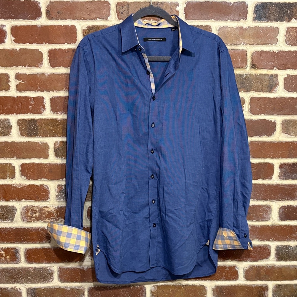 Hammer Made Men's Blue Button-Up Shirt with Orange detailing slim 41/16